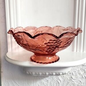Vintage Rose Glass Bowl with Raised Grapes and Etched Leaves, Depression, Pink